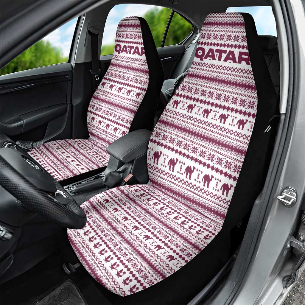 Qatar Christmas Car Seat Cover with Maroon-White Pattern, National Emblem, and Camel Motif - Wonder Print Shop