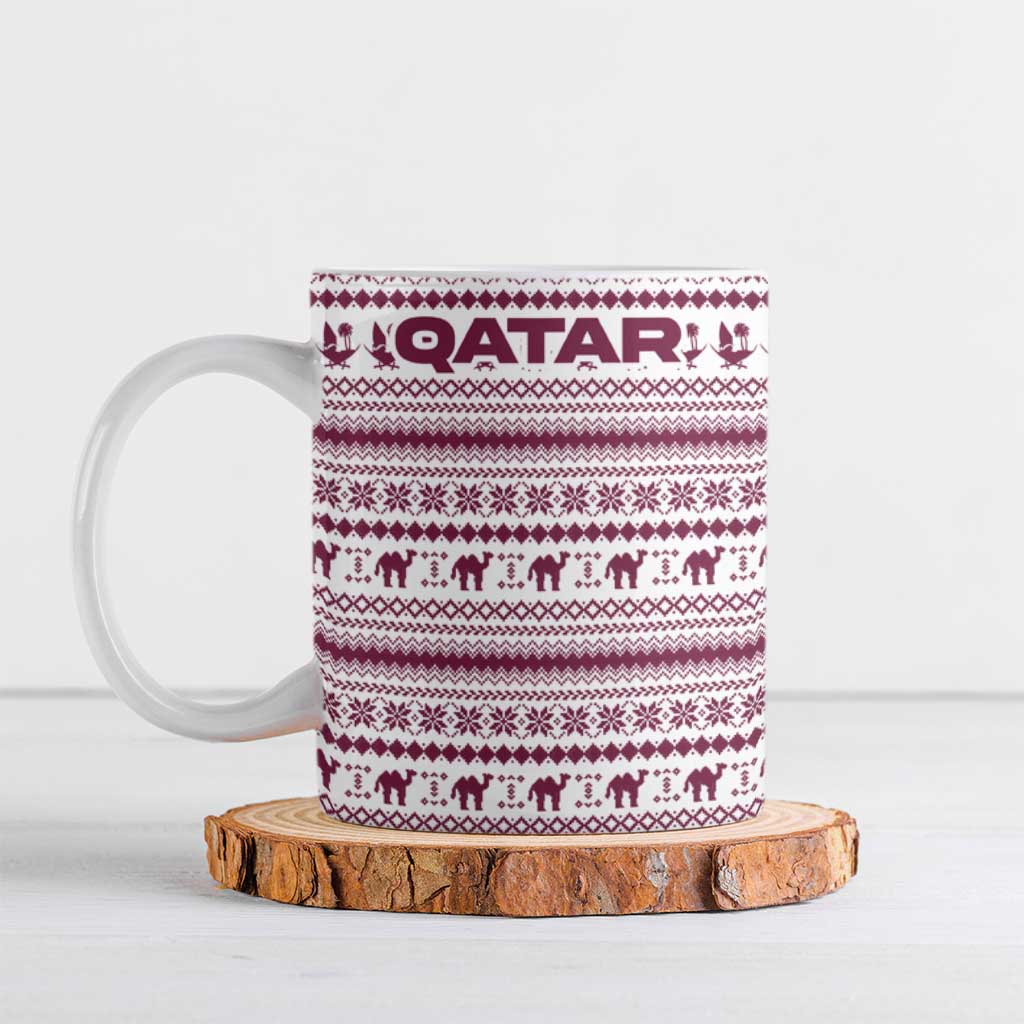 Qatar Christmas Ceramic Mug with Maroon-White Pattern, National Emblem, and Camel Motif - Wonder Print Shop