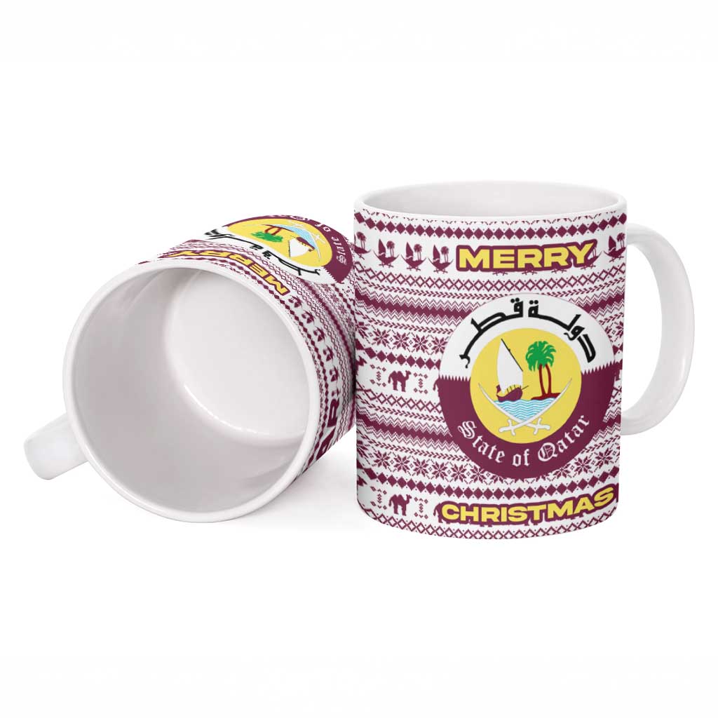 Qatar Christmas Ceramic Mug with Maroon-White Pattern, National Emblem, and Camel Motif - Wonder Print Shop