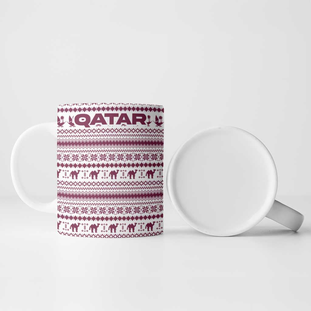 Qatar Christmas Ceramic Mug with Maroon-White Pattern, National Emblem, and Camel Motif - Wonder Print Shop