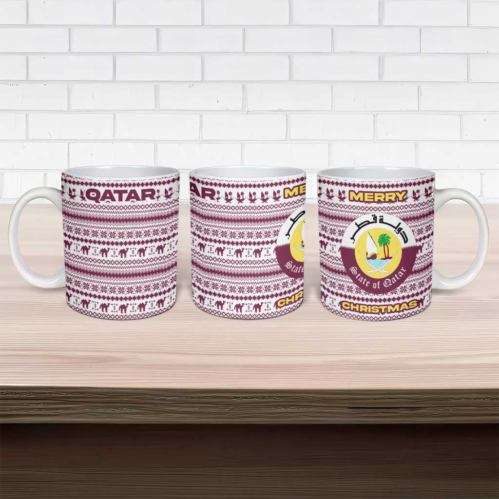 Qatar Christmas Ceramic Mug with Maroon-White Pattern, National Emblem, and Camel Motif - Wonder Print Shop