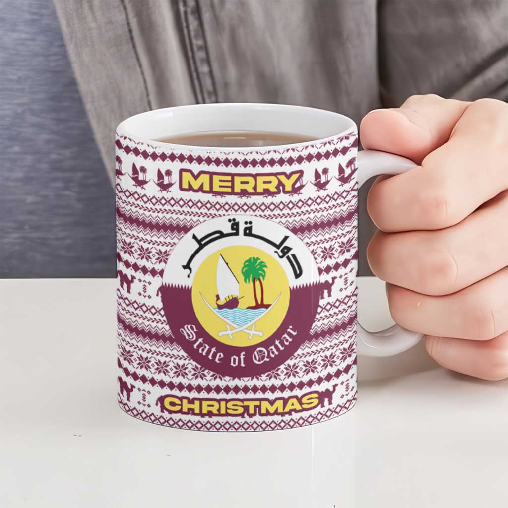 Qatar Christmas Ceramic Mug with Maroon-White Pattern, National Emblem, and Camel Motif - Wonder Print Shop