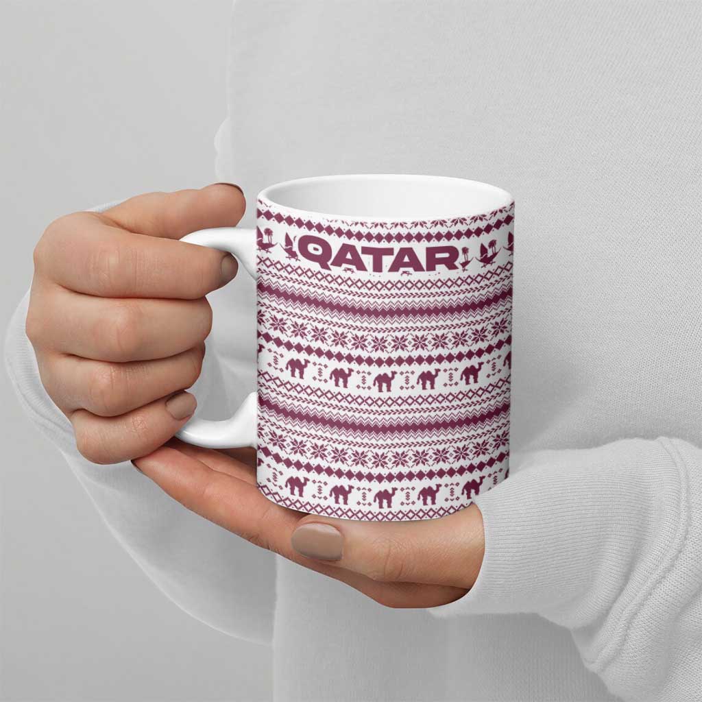 Qatar Christmas Ceramic Mug with Maroon-White Pattern, National Emblem, and Camel Motif - Wonder Print Shop