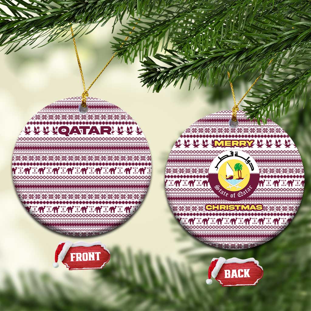 Qatar Christmas Ceramic Ornament with Maroon-White Pattern, National Emblem, and Camel Motif - Wonder Print Shop