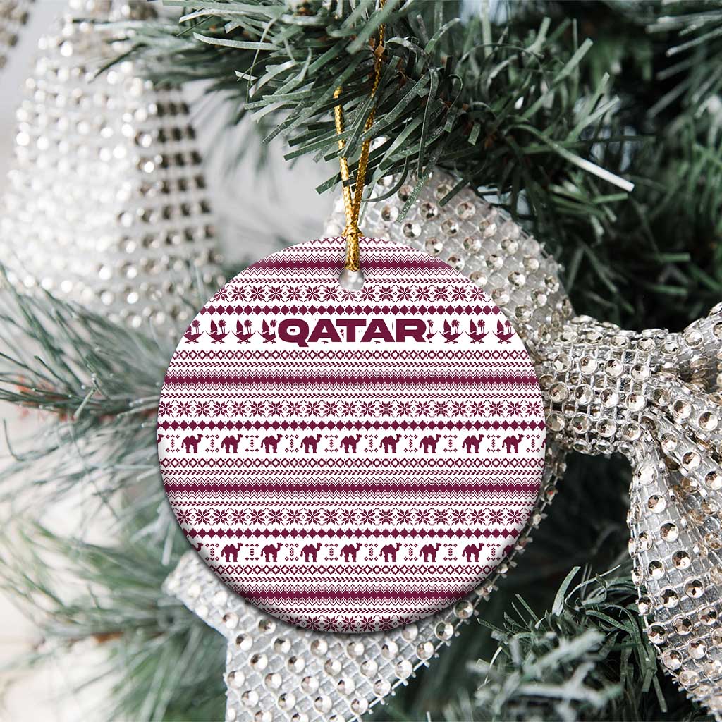 Qatar Christmas Ceramic Ornament with Maroon-White Pattern, National Emblem, and Camel Motif - Wonder Print Shop