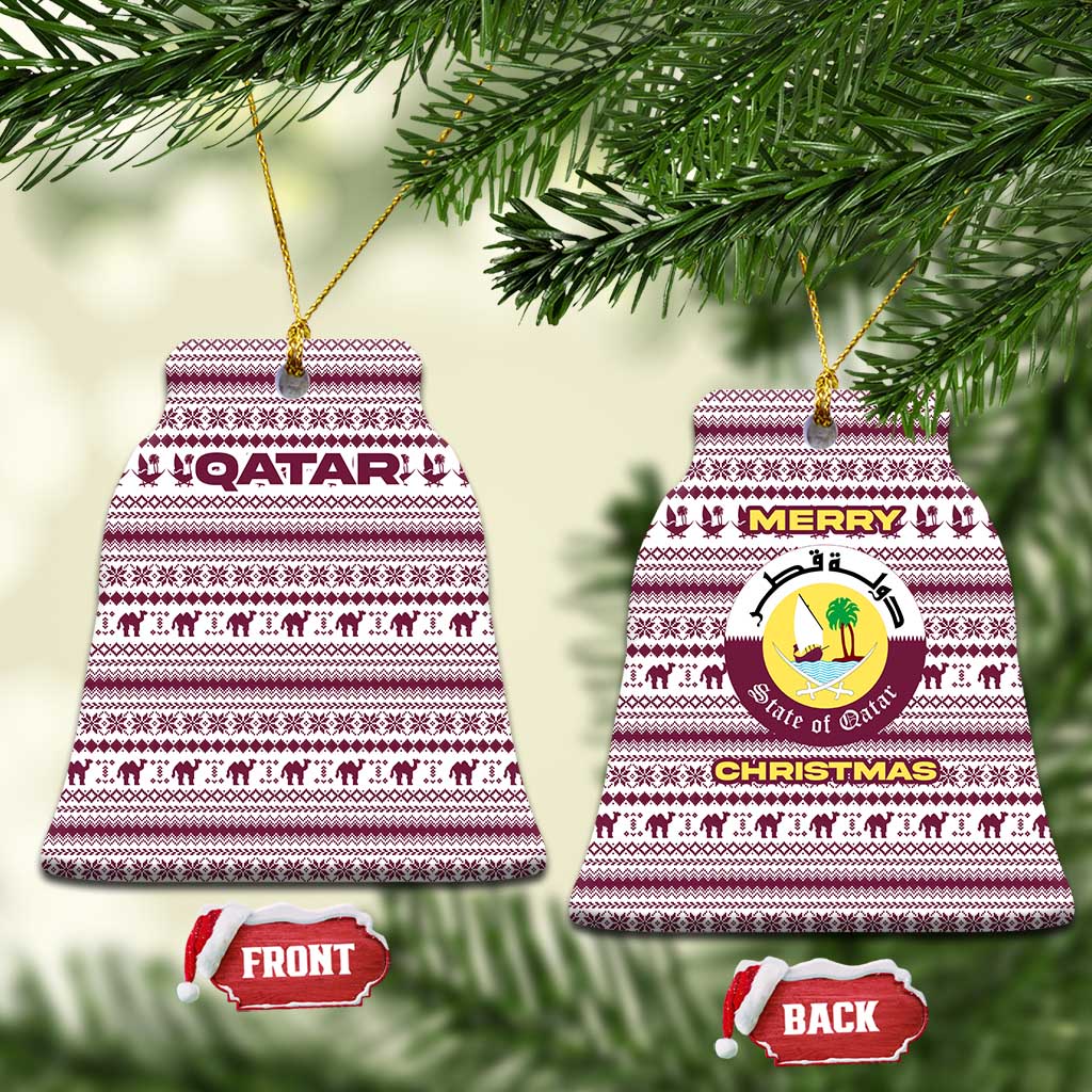 Qatar Christmas Ceramic Ornament with Maroon-White Pattern, National Emblem, and Camel Motif - Wonder Print Shop