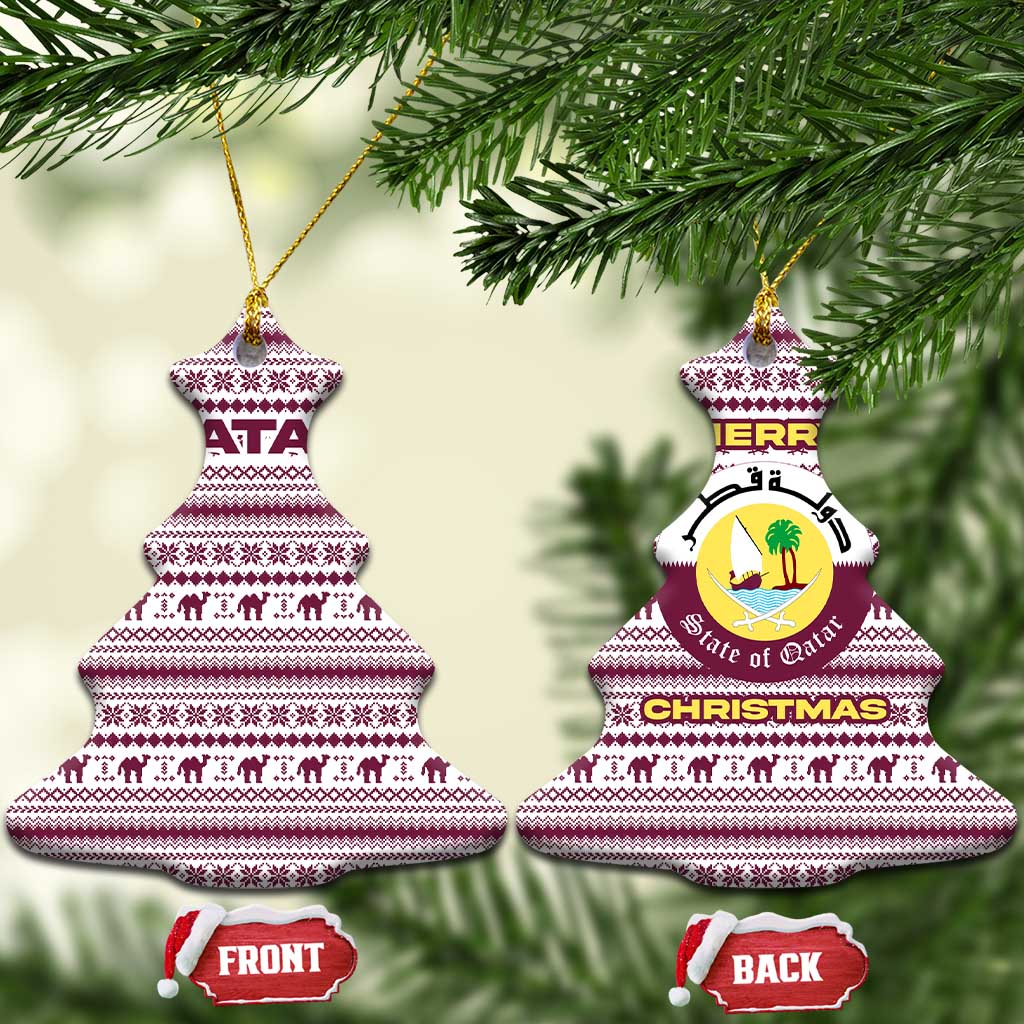 Qatar Christmas Ceramic Ornament with Maroon-White Pattern, National Emblem, and Camel Motif - Wonder Print Shop