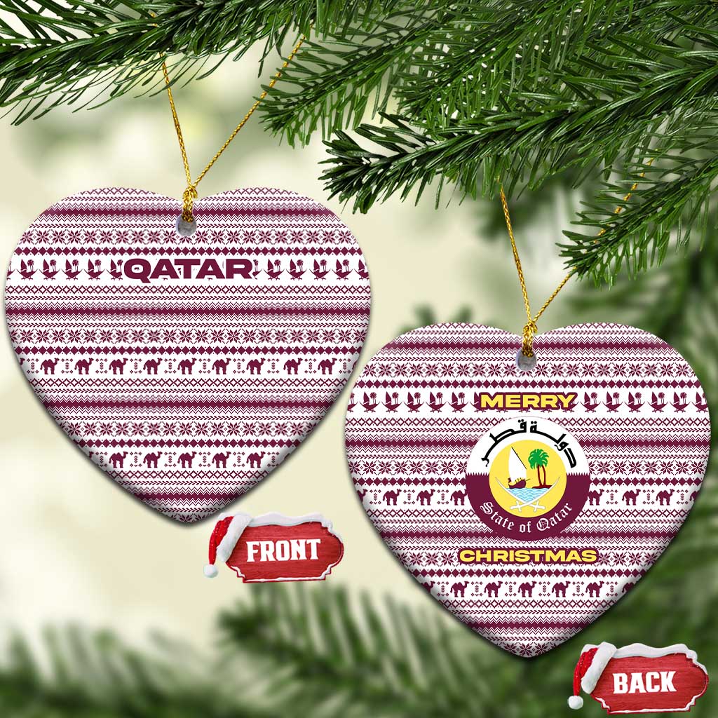 Qatar Christmas Ceramic Ornament with Maroon-White Pattern, National Emblem, and Camel Motif - Wonder Print Shop
