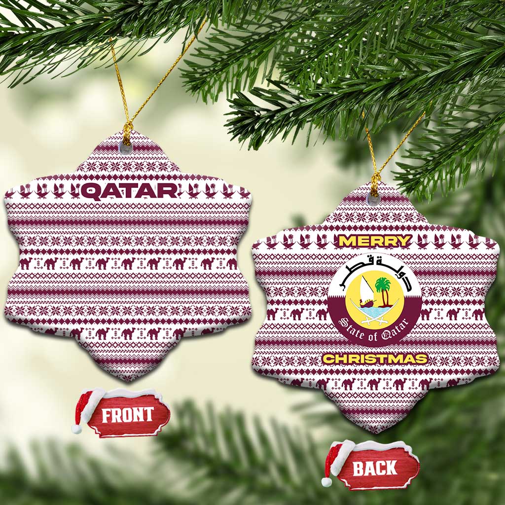 Qatar Christmas Ceramic Ornament with Maroon-White Pattern, National Emblem, and Camel Motif - Wonder Print Shop