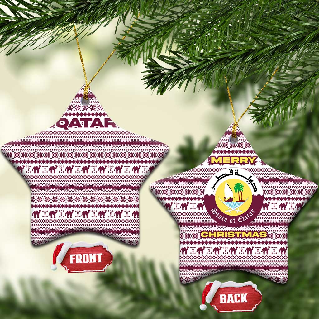 Qatar Christmas Ceramic Ornament with Maroon-White Pattern, National Emblem, and Camel Motif - Wonder Print Shop