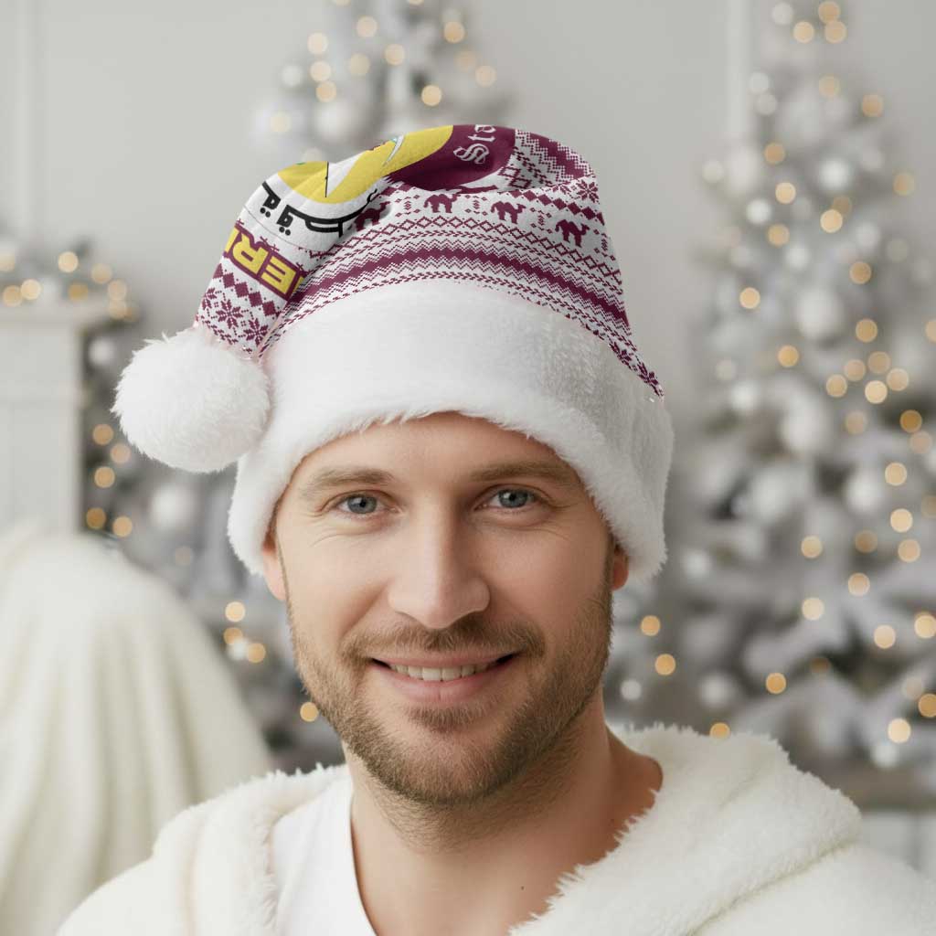 Qatar Christmas Santa Hat with Maroon-White Pattern, National Emblem, and Camel Motif - Wonder Print Shop