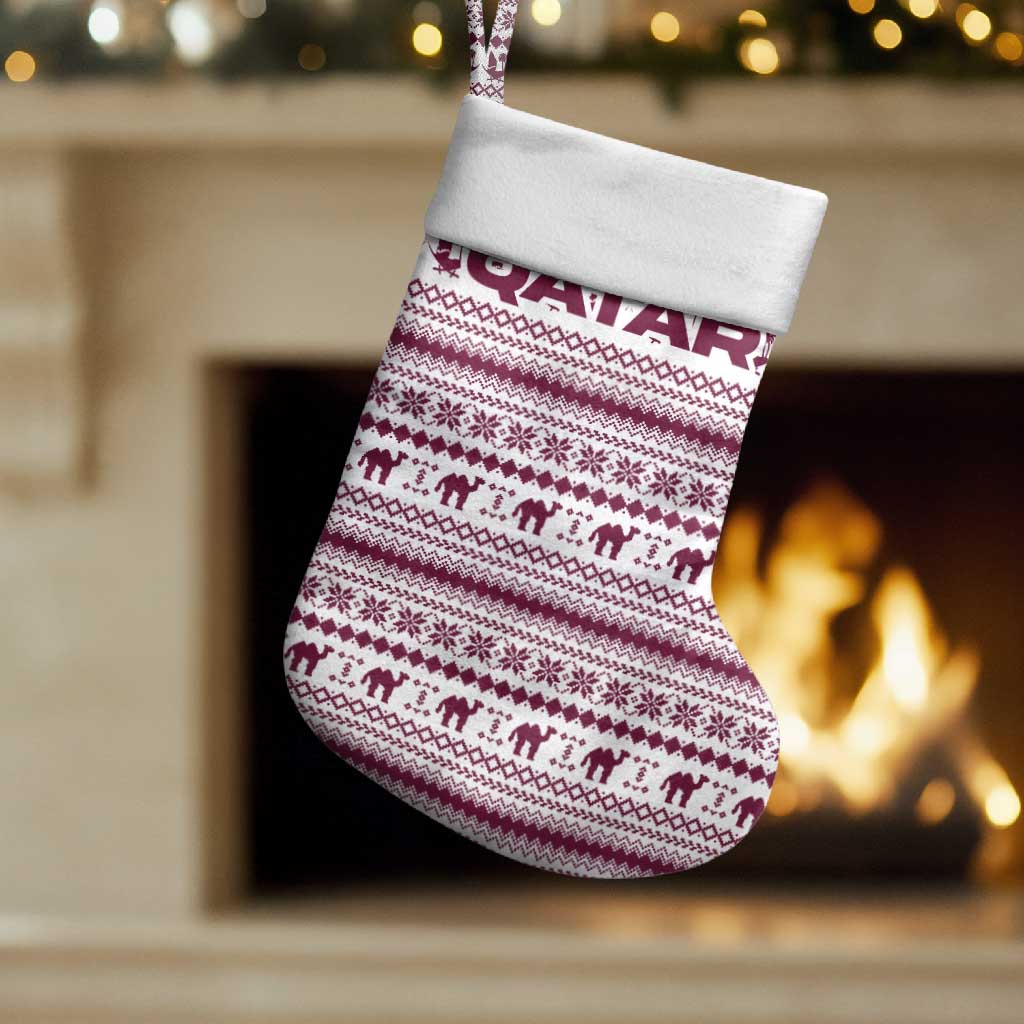 Qatar Christmas Stocking with Maroon-White Pattern, National Emblem, and Camel Motif - Wonder Print Shop