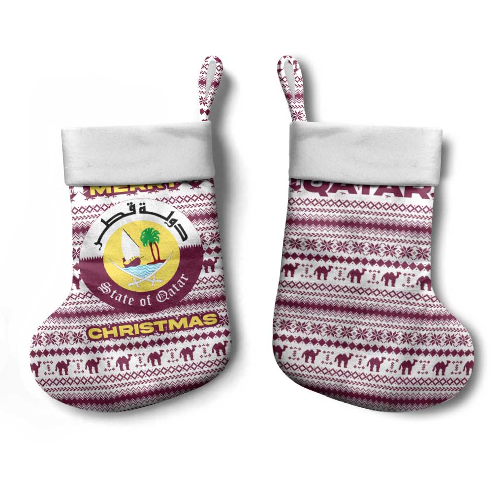 Qatar Christmas Stocking with Maroon-White Pattern, National Emblem, and Camel Motif - Wonder Print Shop