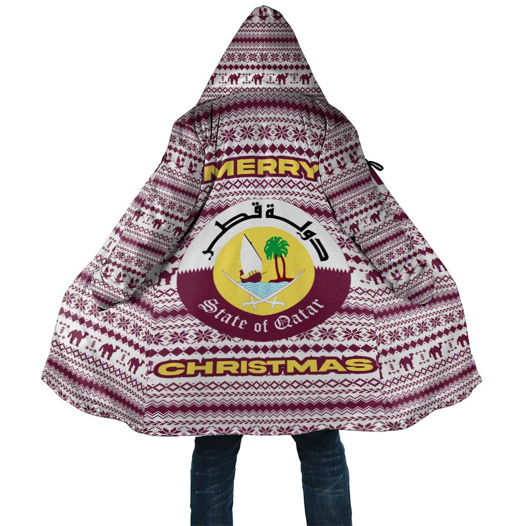 Qatar Christmas Cloak with Maroon-White Pattern, National Emblem, and Camel Motif - Wonder Print Shop