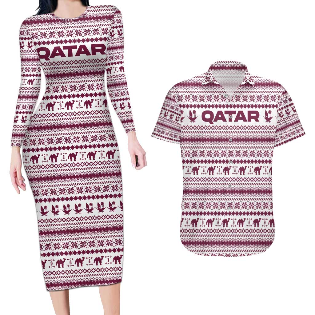 Qatar Christmas Couples Matching Long Sleeve Bodycon Dress and Hawaiian Shirt with Maroon-White Pattern, National Emblem, and Camel Motif - Wonder Print Shop
