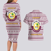 Qatar Christmas Couples Matching Long Sleeve Bodycon Dress and Hawaiian Shirt with Maroon-White Pattern, National Emblem, and Camel Motif - Wonder Print Shop