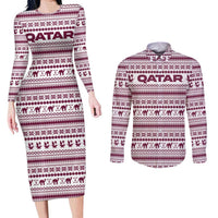 Qatar Christmas Couples Matching Long Sleeve Bodycon Dress and Long Sleeve Button Shirt with Maroon-White Pattern, National Emblem, and Camel Motif - Wonder Print Shop
