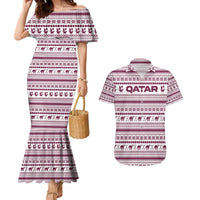 Qatar Christmas Couples Matching Mermaid Dress and Hawaiian Shirt with Maroon-White Pattern, National Emblem, and Camel Motif - Wonder Print Shop