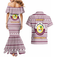 Qatar Christmas Couples Matching Mermaid Dress and Hawaiian Shirt with Maroon-White Pattern, National Emblem, and Camel Motif - Wonder Print Shop
