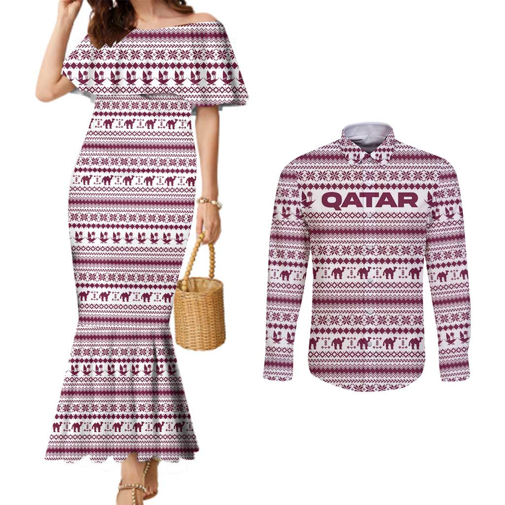 Qatar Christmas Couples Matching Mermaid Dress and Long Sleeve Button Shirt with Maroon-White Pattern, National Emblem, and Camel Motif - Wonder Print Shop