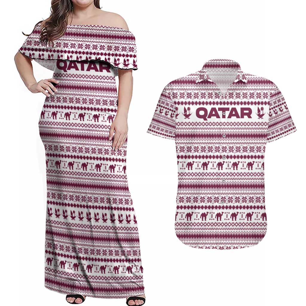 Qatar Christmas Couples Matching Off Shoulder Maxi Dress and Hawaiian Shirt with Maroon-White Pattern, National Emblem, and Camel Motif - Wonder Print Shop