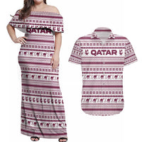 Qatar Christmas Couples Matching Off Shoulder Maxi Dress and Hawaiian Shirt with Maroon-White Pattern, National Emblem, and Camel Motif - Wonder Print Shop