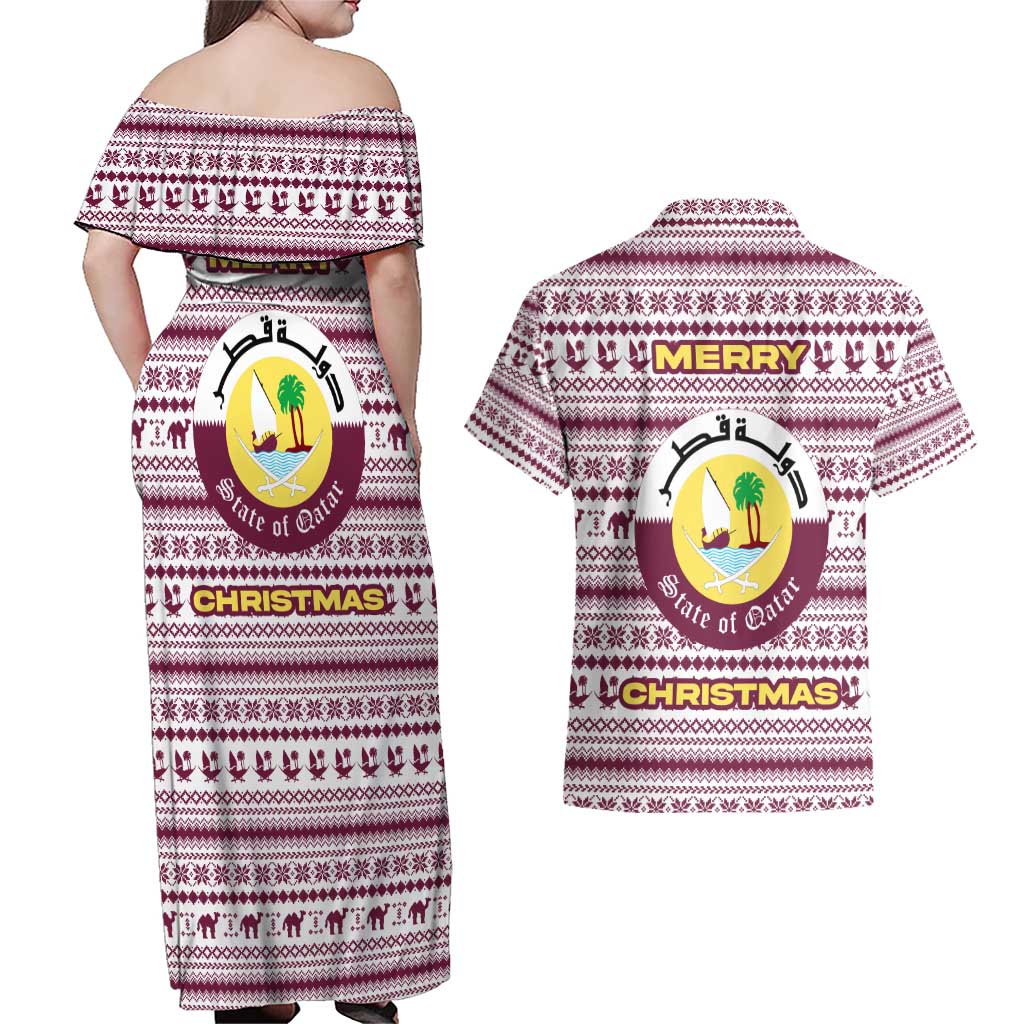 Qatar Christmas Couples Matching Off Shoulder Maxi Dress and Hawaiian Shirt with Maroon-White Pattern, National Emblem, and Camel Motif - Wonder Print Shop