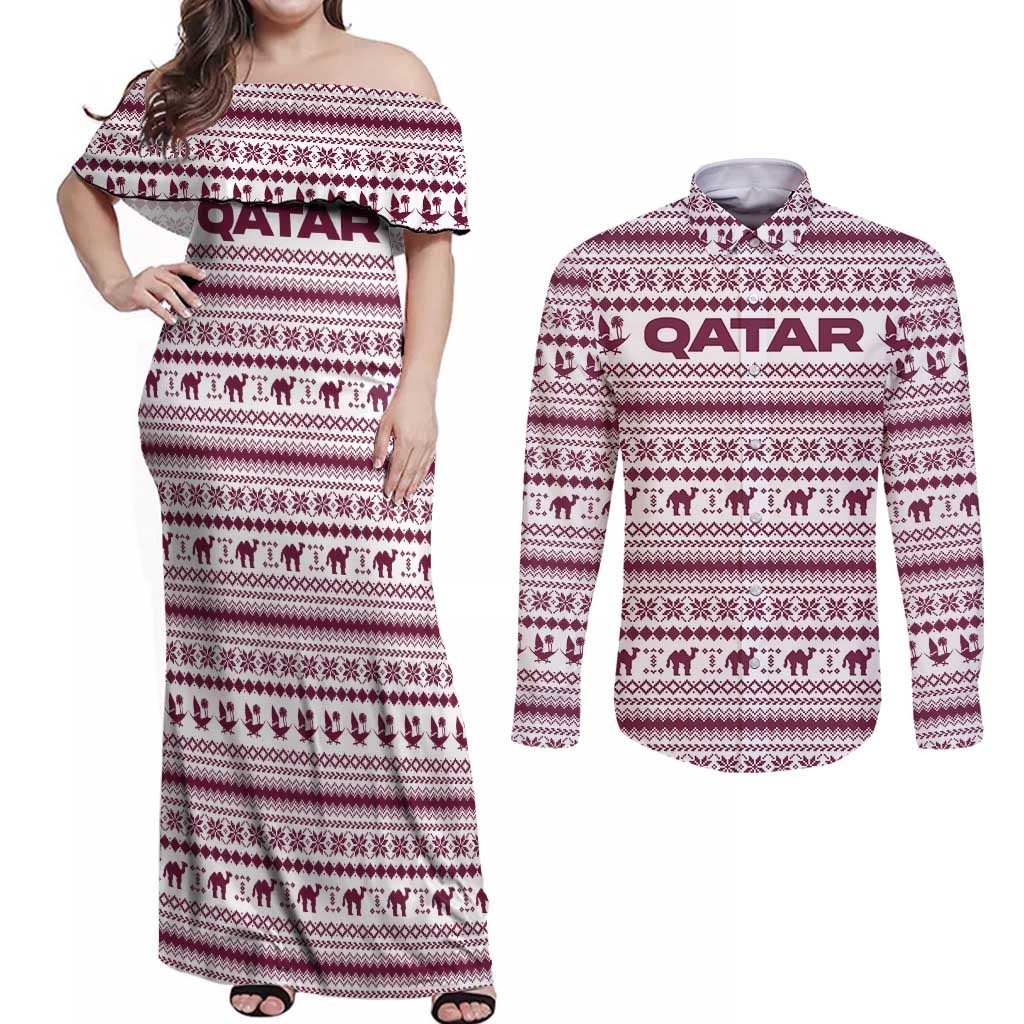 Qatar Christmas Couples Matching Off Shoulder Maxi Dress and Long Sleeve Button Shirt with Maroon-White Pattern, National Emblem, and Camel Motif - Wonder Print Shop