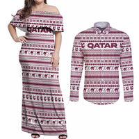 Qatar Christmas Couples Matching Off Shoulder Maxi Dress and Long Sleeve Button Shirt with Maroon-White Pattern, National Emblem, and Camel Motif - Wonder Print Shop