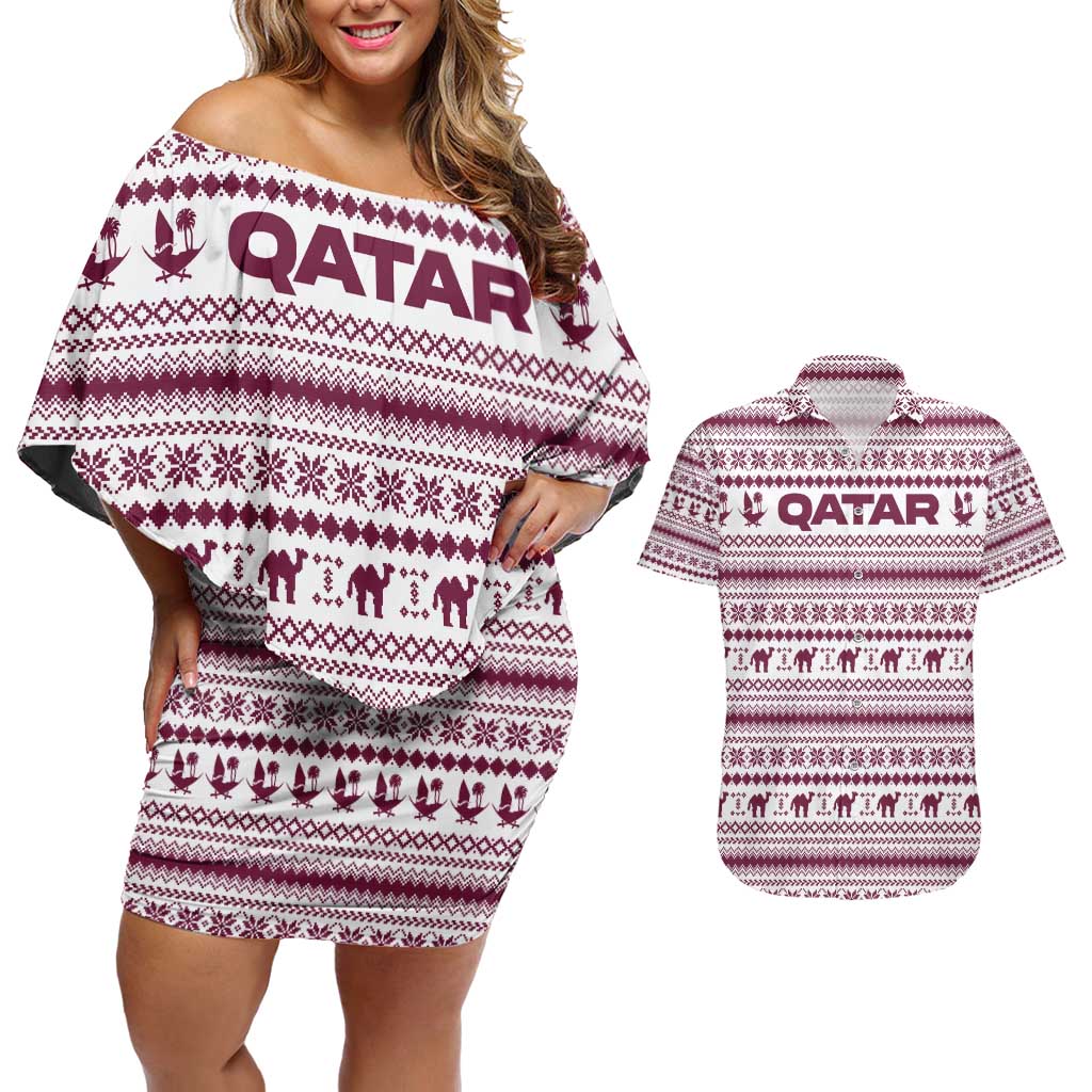 Qatar Christmas Couples Matching Off Shoulder Short Dress and Hawaiian Shirt with Maroon-White Pattern, National Emblem, and Camel Motif - Wonder Print Shop