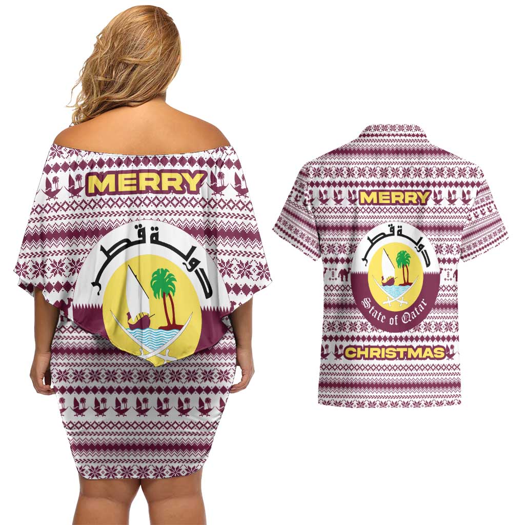 Qatar Christmas Couples Matching Off Shoulder Short Dress and Hawaiian Shirt with Maroon-White Pattern, National Emblem, and Camel Motif - Wonder Print Shop