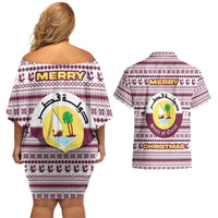 Qatar Christmas Couples Matching Off Shoulder Short Dress and Hawaiian Shirt with Maroon-White Pattern, National Emblem, and Camel Motif - Wonder Print Shop