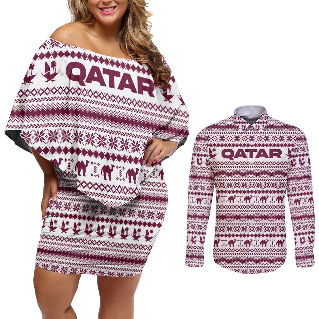 Qatar Christmas Couples Matching Off Shoulder Short Dress and Long Sleeve Button Shirt with Maroon-White Pattern, National Emblem, and Camel Motif - Wonder Print Shop