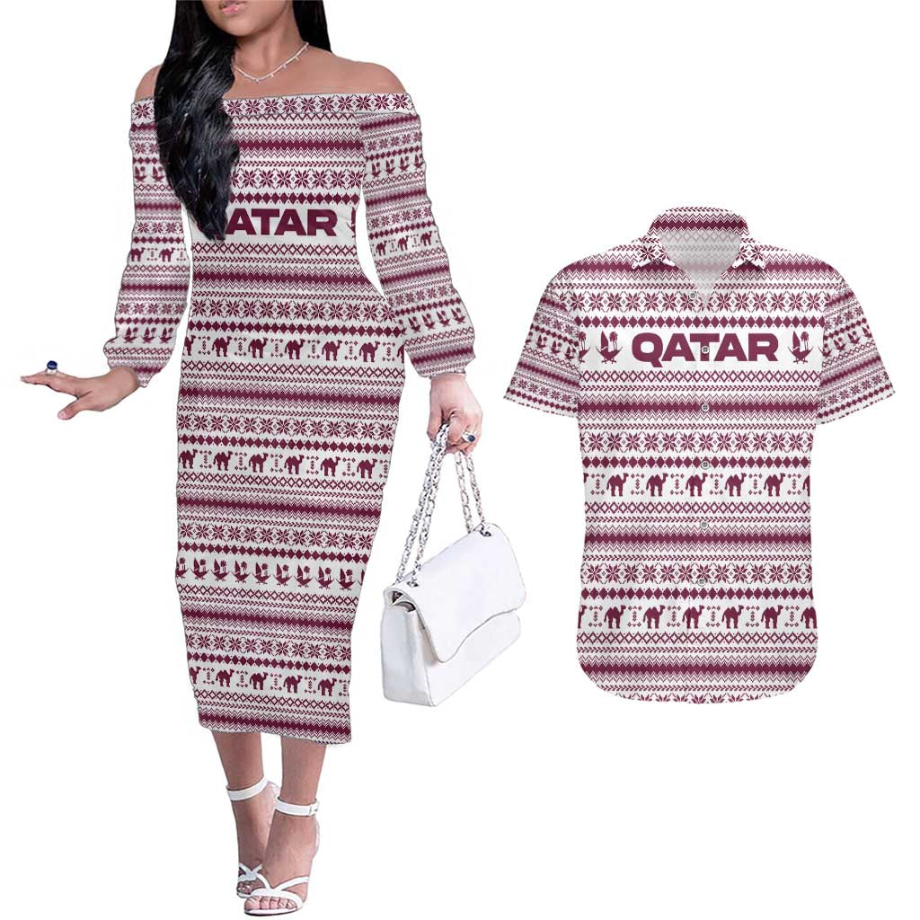 Qatar Christmas Couples Matching Off The Shoulder Long Sleeve Dress and Hawaiian Shirt with Maroon-White Pattern, National Emblem, and Camel Motif - Wonder Print Shop