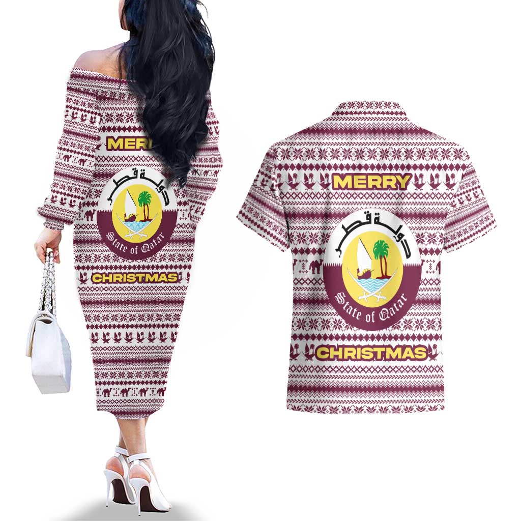 Qatar Christmas Couples Matching Off The Shoulder Long Sleeve Dress and Hawaiian Shirt with Maroon-White Pattern, National Emblem, and Camel Motif - Wonder Print Shop
