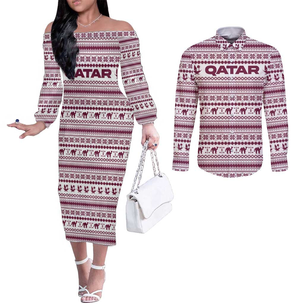 Qatar Christmas Couples Matching Off The Shoulder Long Sleeve Dress and Long Sleeve Button Shirt with Maroon-White Pattern, National Emblem, and Camel Motif - Wonder Print Shop