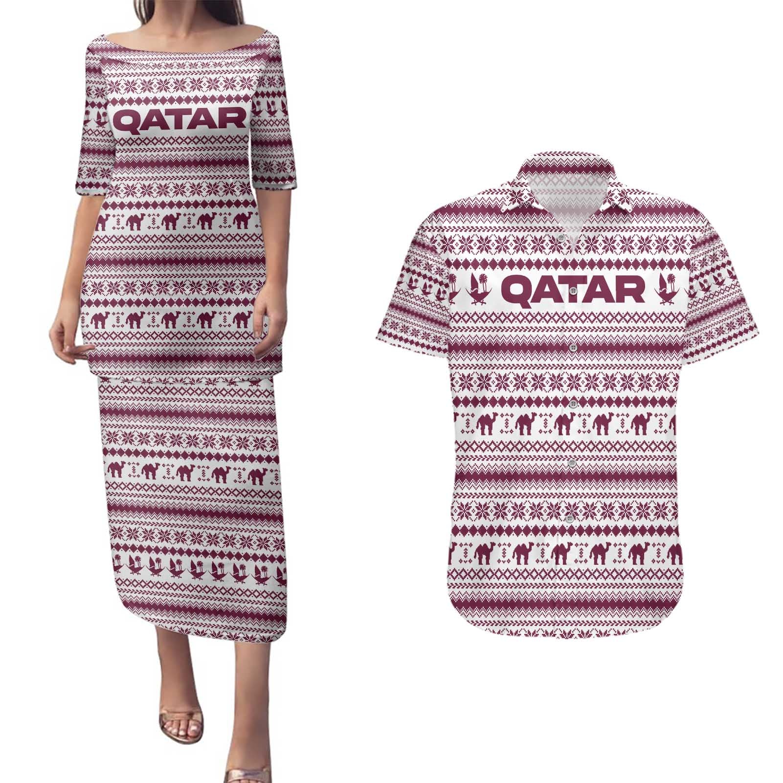 Qatar Christmas Couples Matching Puletasi and Hawaiian Shirt with Maroon-White Pattern, National Emblem, and Camel Motif - Wonder Print Shop