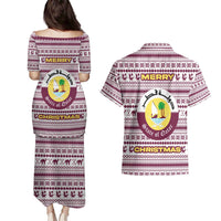 Qatar Christmas Couples Matching Puletasi and Hawaiian Shirt with Maroon-White Pattern, National Emblem, and Camel Motif - Wonder Print Shop