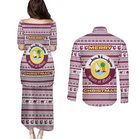 Qatar Christmas Couples Matching Puletasi and Long Sleeve Button Shirt with Maroon-White Pattern, National Emblem, and Camel Motif - Wonder Print Shop