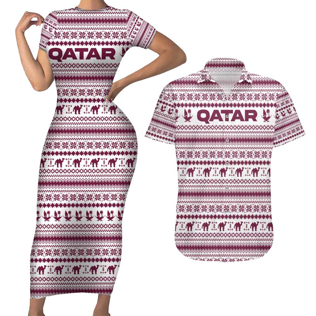 Qatar Christmas Couples Matching Short Sleeve Bodycon Dress and Hawaiian Shirt with Maroon-White Pattern, National Emblem, and Camel Motif - Wonder Print Shop