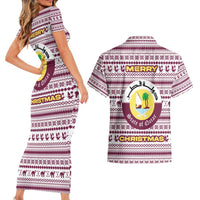 Qatar Christmas Couples Matching Short Sleeve Bodycon Dress and Hawaiian Shirt with Maroon-White Pattern, National Emblem, and Camel Motif - Wonder Print Shop