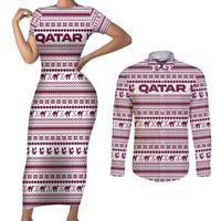 Qatar Christmas Couples Matching Short Sleeve Bodycon Dress and Long Sleeve Button Shirt with Maroon-White Pattern, National Emblem, and Camel Motif - Wonder Print Shop