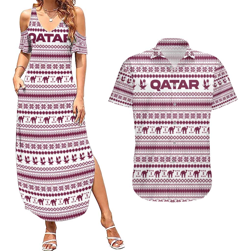Qatar Christmas Couples Matching Summer Maxi Dress and Hawaiian Shirt with Maroon-White Pattern, National Emblem, and Camel Motif - Wonder Print Shop