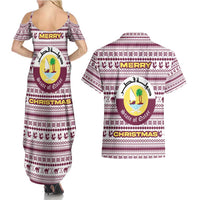 Qatar Christmas Couples Matching Summer Maxi Dress and Hawaiian Shirt with Maroon-White Pattern, National Emblem, and Camel Motif - Wonder Print Shop