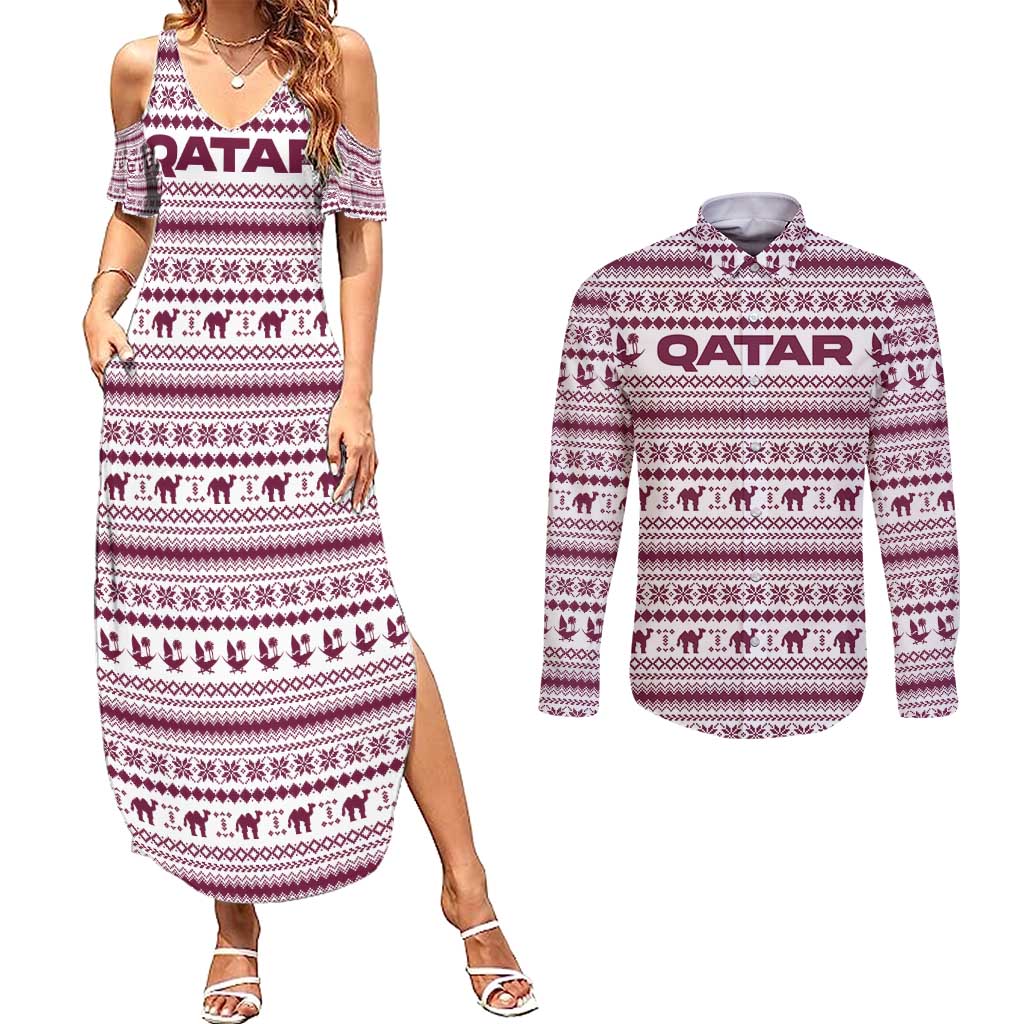Qatar Christmas Couples Matching Summer Maxi Dress and Long Sleeve Button Shirt with Maroon-White Pattern, National Emblem, and Camel Motif - Wonder Print Shop