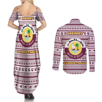 Qatar Christmas Couples Matching Summer Maxi Dress and Long Sleeve Button Shirt with Maroon-White Pattern, National Emblem, and Camel Motif - Wonder Print Shop