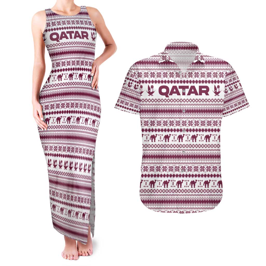Qatar Christmas Couples Matching Tank Maxi Dress and Hawaiian Shirt with Maroon-White Pattern, National Emblem, and Camel Motif - Wonder Print Shop