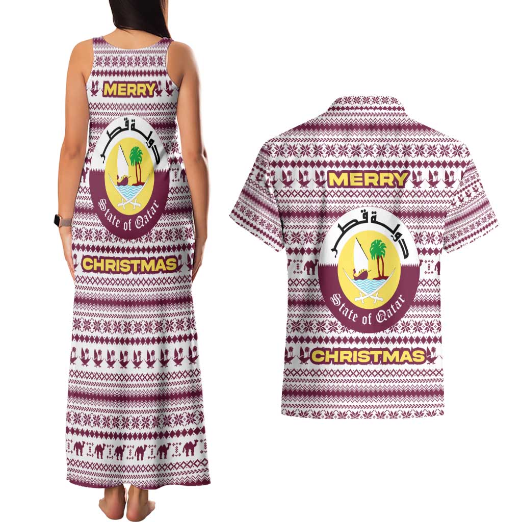 Qatar Christmas Couples Matching Tank Maxi Dress and Hawaiian Shirt with Maroon-White Pattern, National Emblem, and Camel Motif - Wonder Print Shop