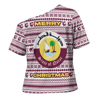 Qatar Christmas Cross Shoulder Shirt with Maroon-White Pattern, National Emblem, and Camel Motif - Wonder Print Shop