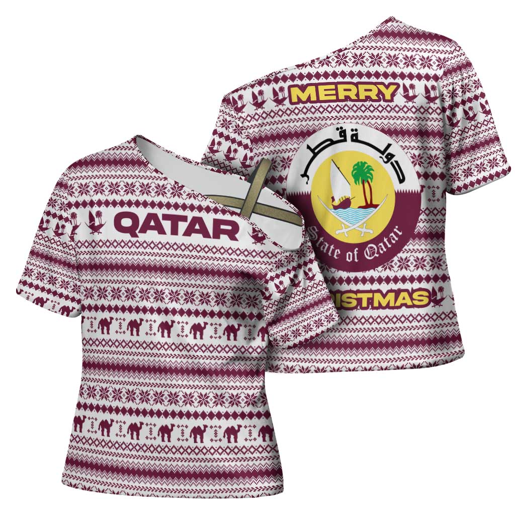 Qatar Christmas Cross Shoulder Shirt with Maroon-White Pattern, National Emblem, and Camel Motif - Wonder Print Shop